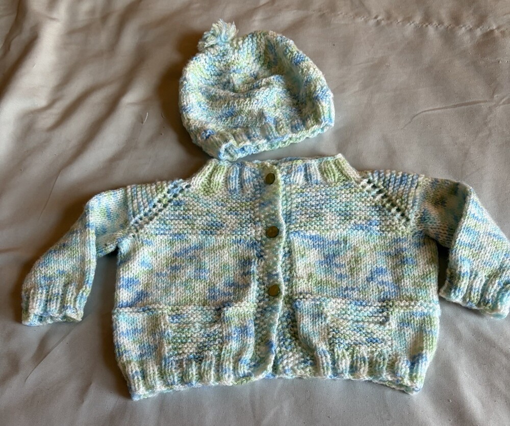 Handmade Knit Baby Girl Cardigan 2 Pc Set With Hat